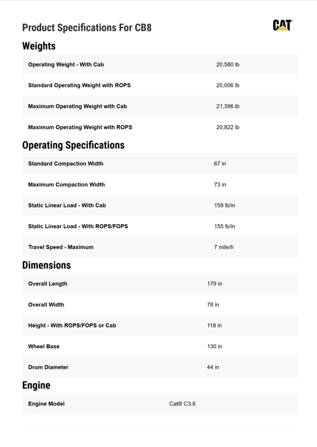 CAT CB8 Specs Sheet