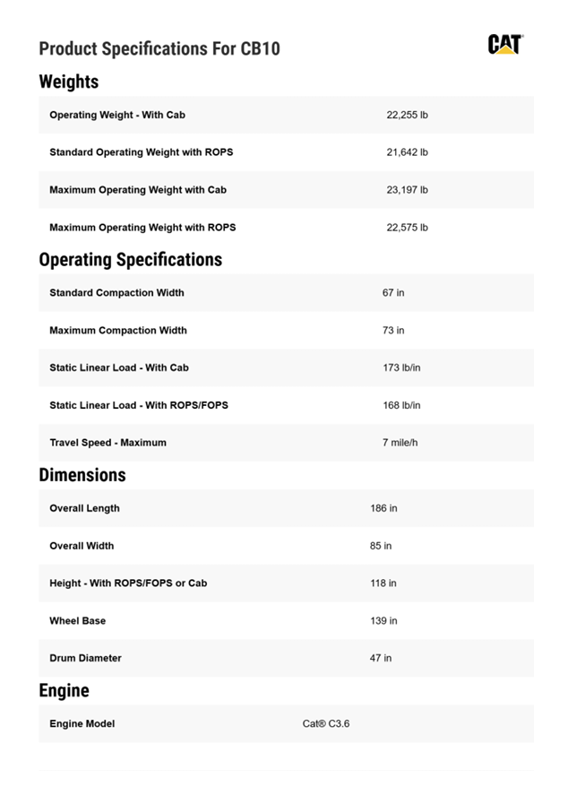 CB10 Specs Sheet