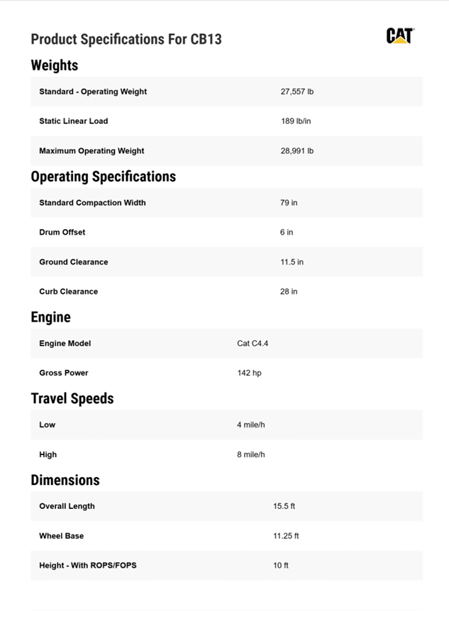 CB13 Specs Sheet